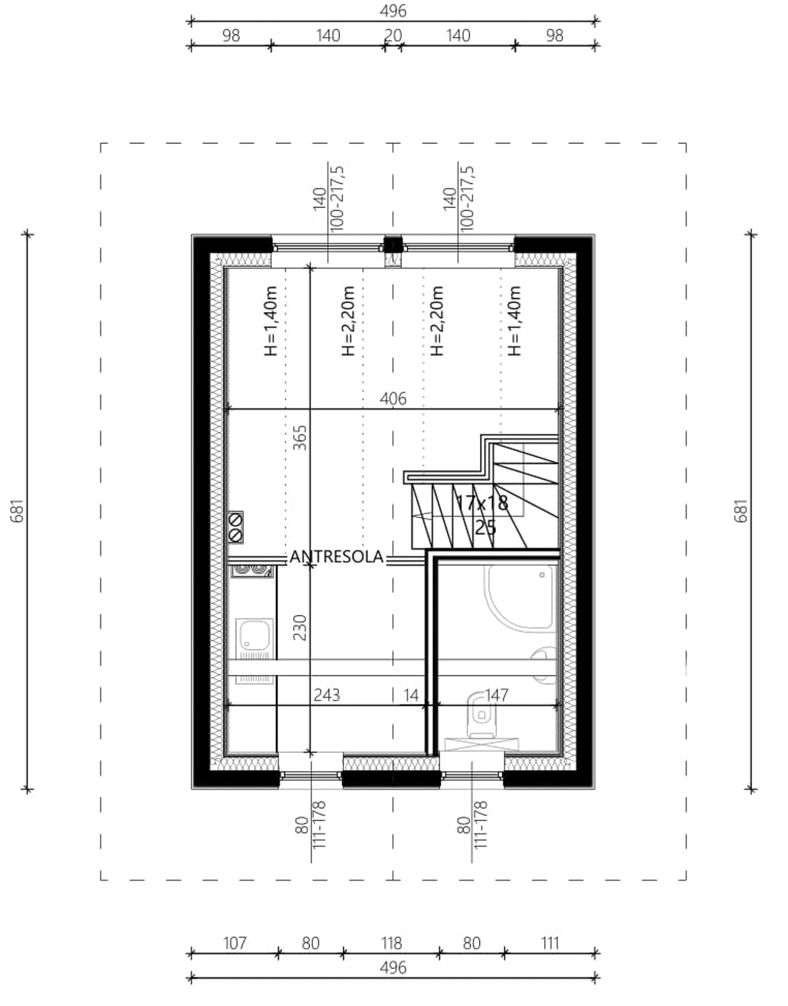 Dom do 35 m2 na zgłoszenie wariant 1 lustro rzut poddasza